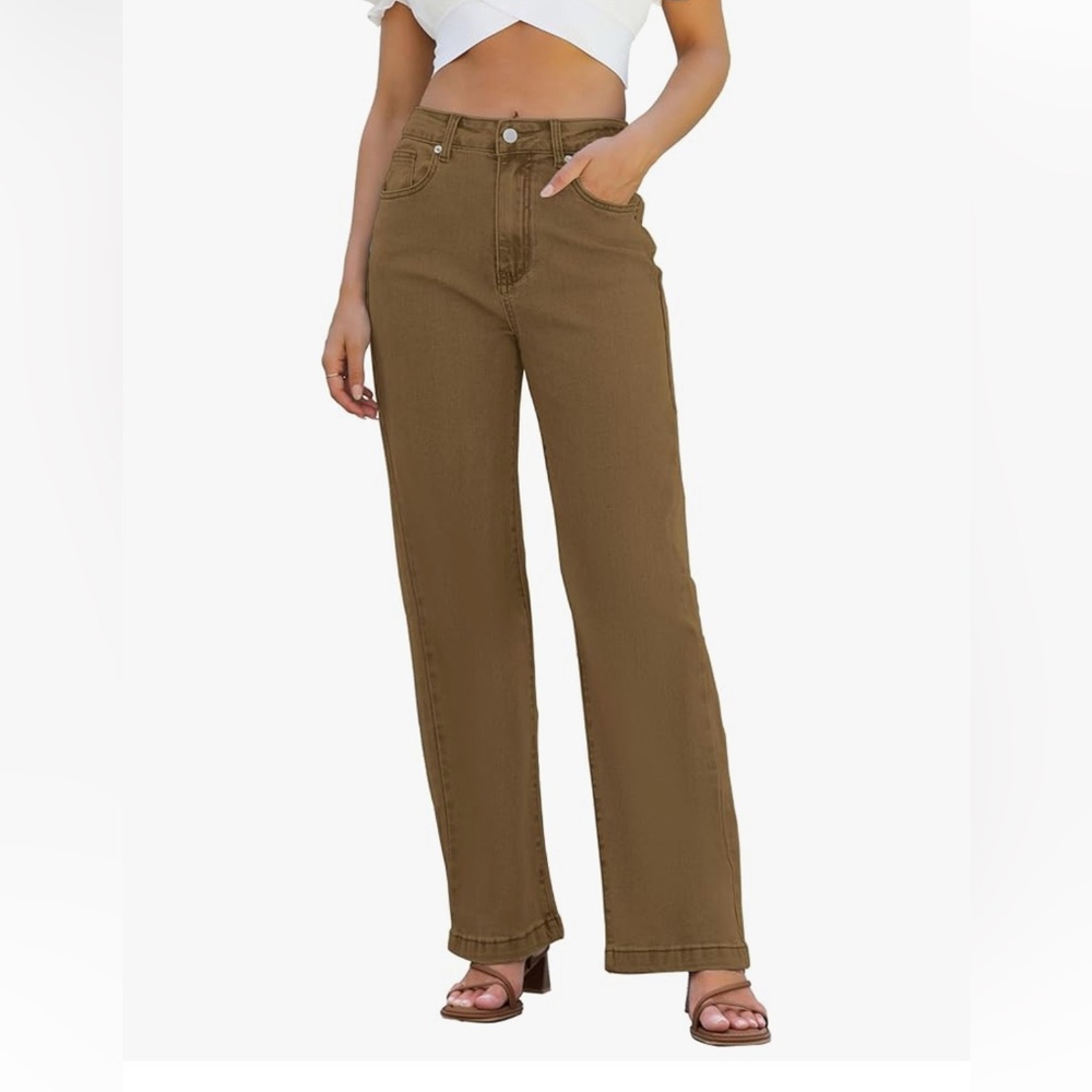 Women’s High Waisted Jeans, Straight Leg, Stretch,  Tummy Control, Coffee Color